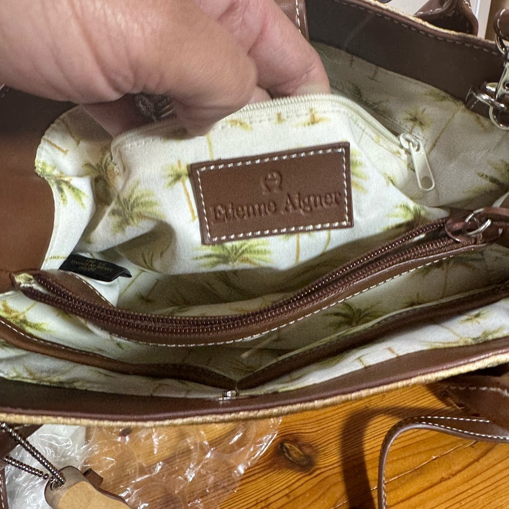 Etienne Aigner Natural Straw Tote with Brown Leather Trim - Picture 12 of 14